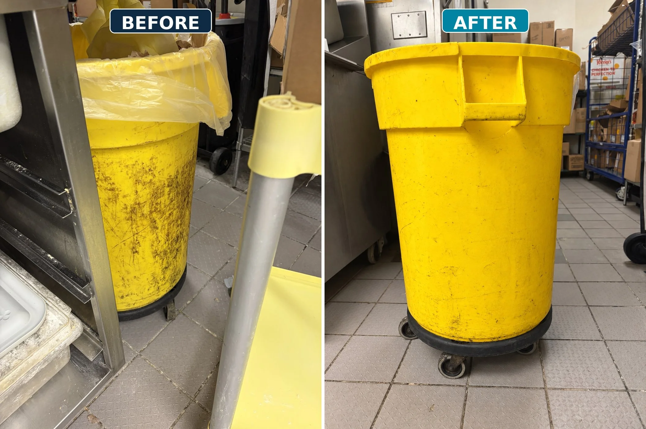 Before and after of commercial trash can showing removal of buildup.