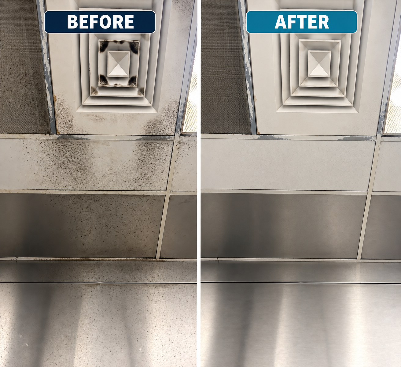 Before and after comparison of a drop ceiling vent. The 'Before' side shows a dirty, stained vent with mold and grime, while the 'After' side shows a clean, recently cleaned vent.