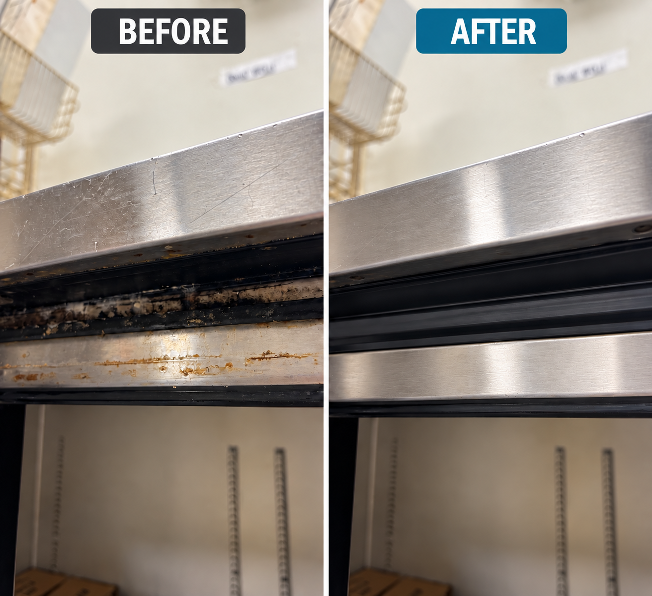 Before and after commercial restaurant stovetop deep cleaning, showiing removal of grease and stains. 