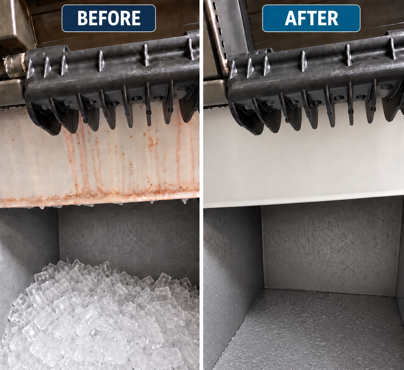 Before and after restaurant ice machine interior cleaning, showing removal of visible reside and buildup.