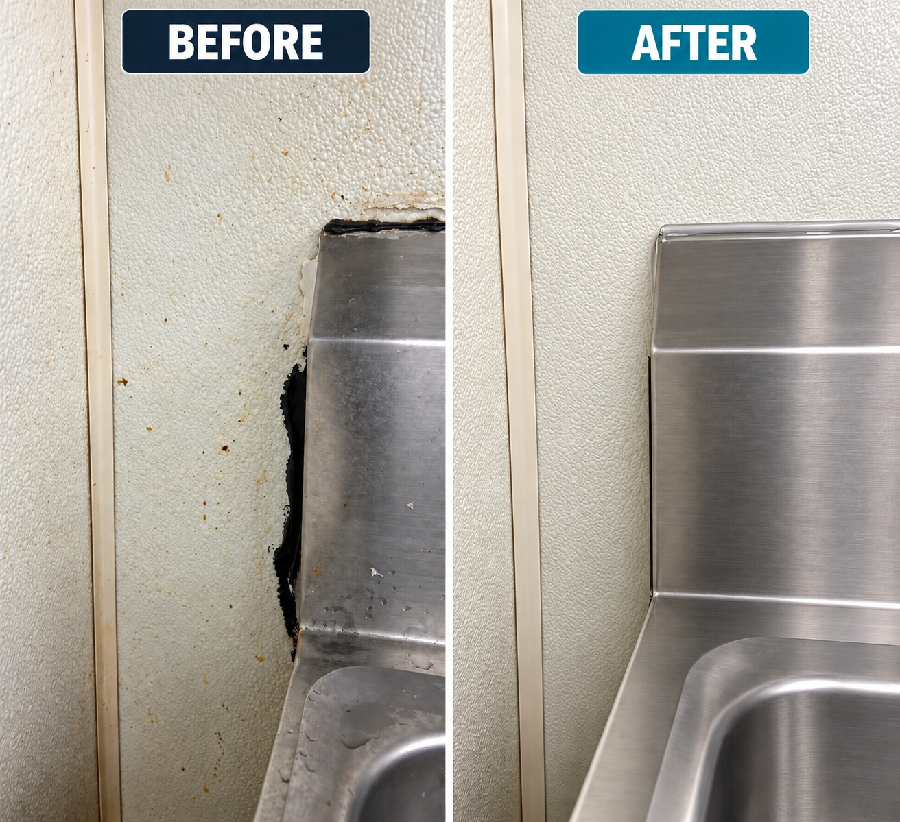 Before and after commercial kitchen equipment deep cleaning, showing removal of dirt and buildup. 