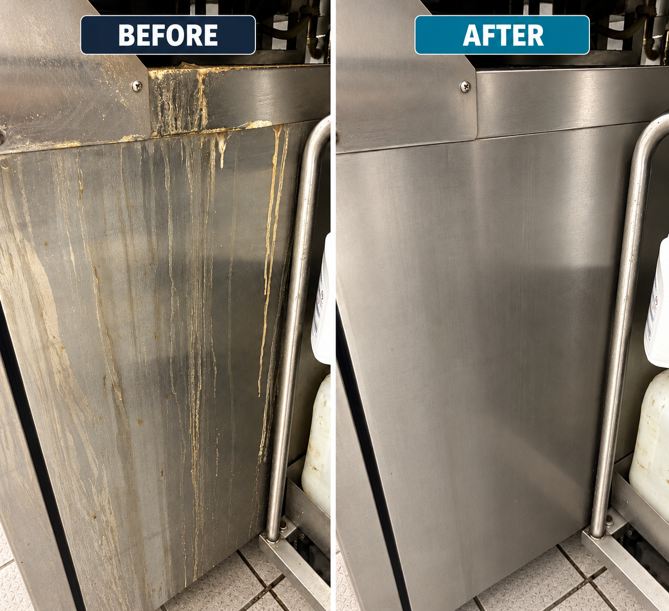 Before and after commercial restaurant kitchen equipment showing removal of grease and stains. 