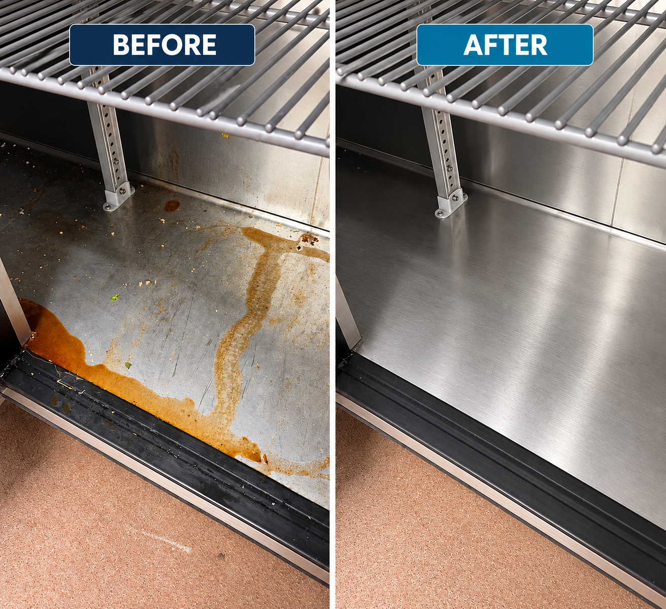 Before and after restaurant stainless steel equipment deep cleaning and grease removal.