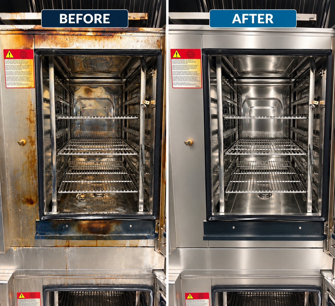 Before and after commercial restaurant oven deep cleaning, showing removal of built-up grease and stain.