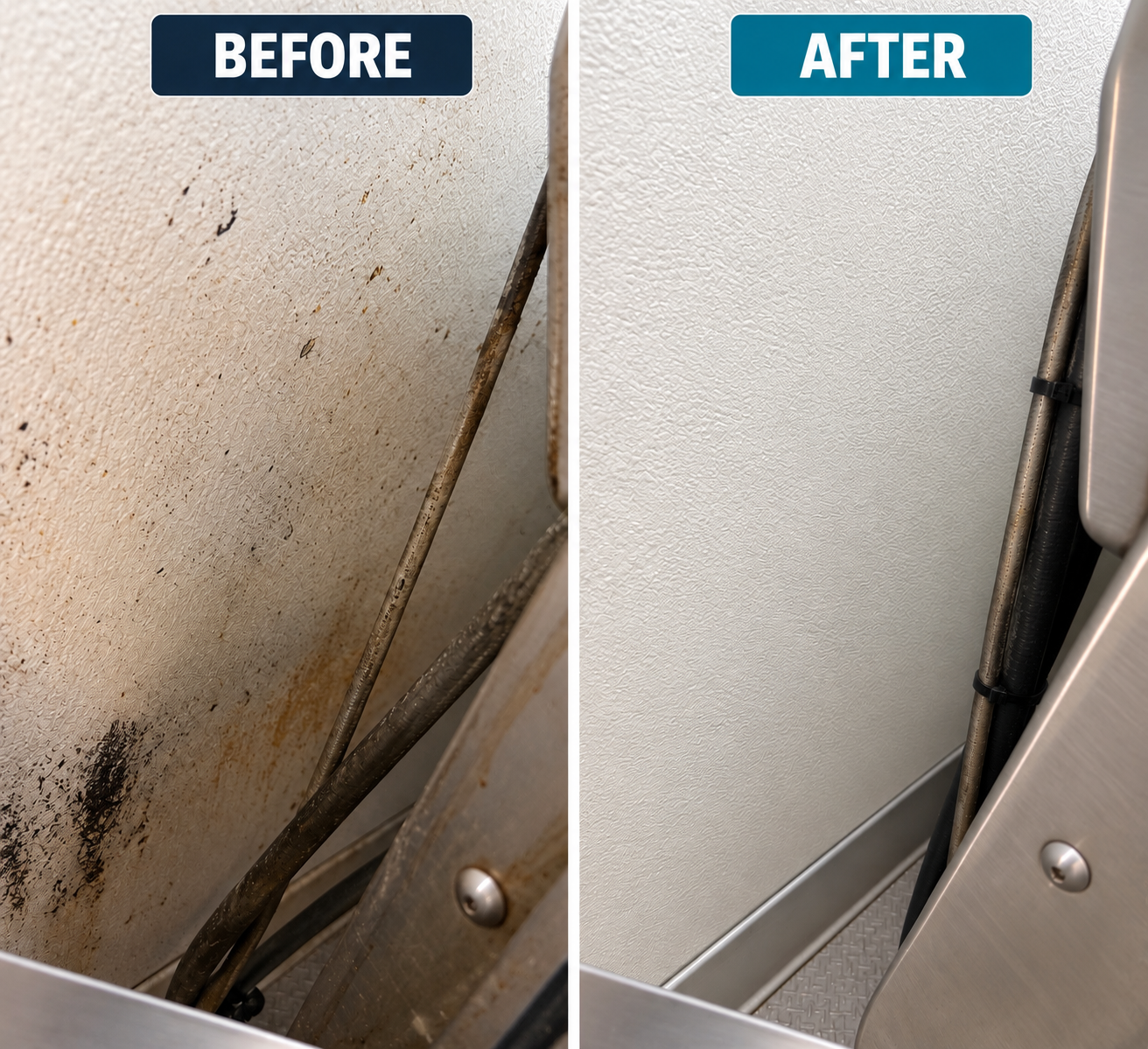 Before and after cleaning of a dirty, stained, and rusted panel on a machine. The after panel is clean and white.