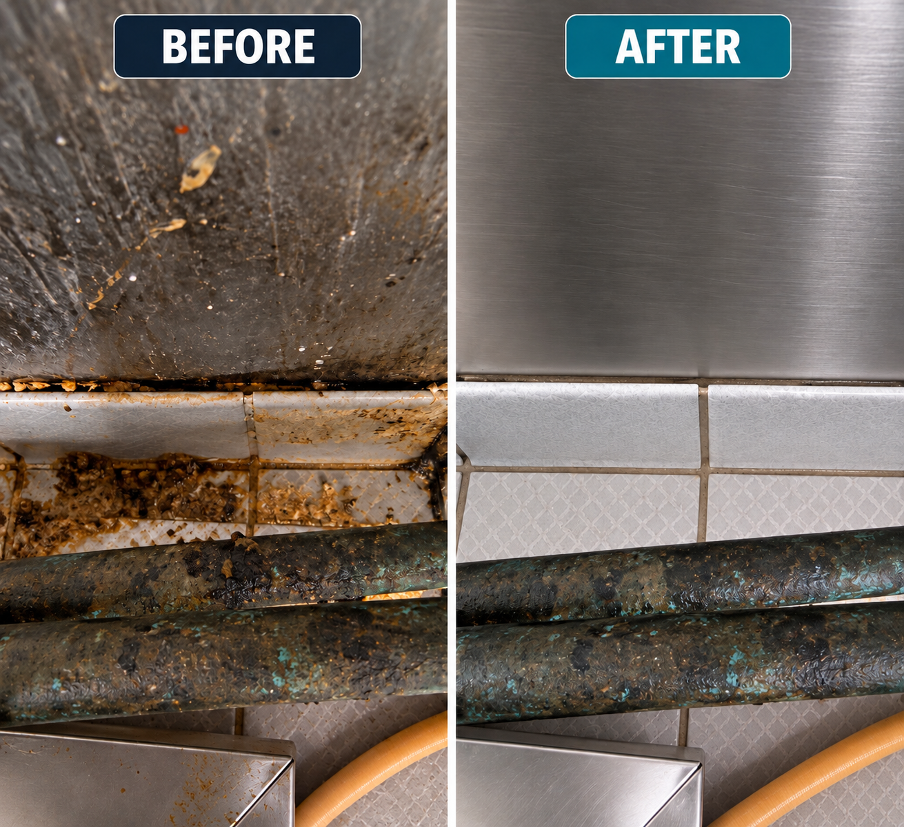 Comparison of a dirty, greasy kitchen floor and a cleaned, shiny floor with tiles and a metal wall.
