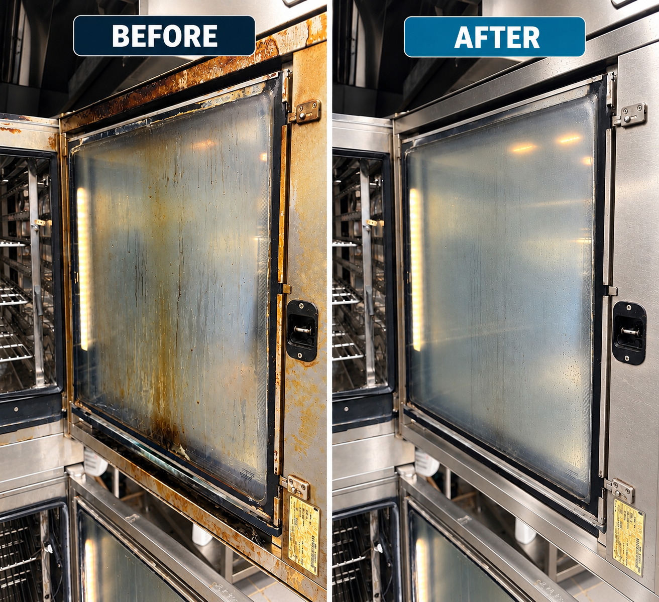 Before and after commercial restaurant oven deep cleaning, showing removal of built-up grease and stains. 