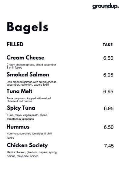 Menu listing various bagel options including Cream Cheese, Smoked Salmon, Tuna Melt, Spicy Tuna, Hummus, and Chicken Society with prices and ingredients.