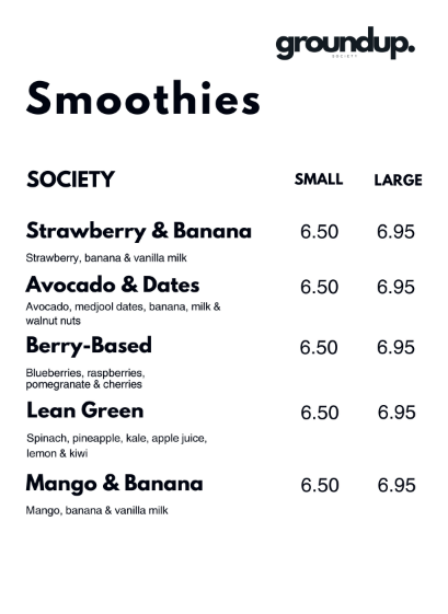 Menu listing smoothies with names, ingredients, and prices for small and large sizes.