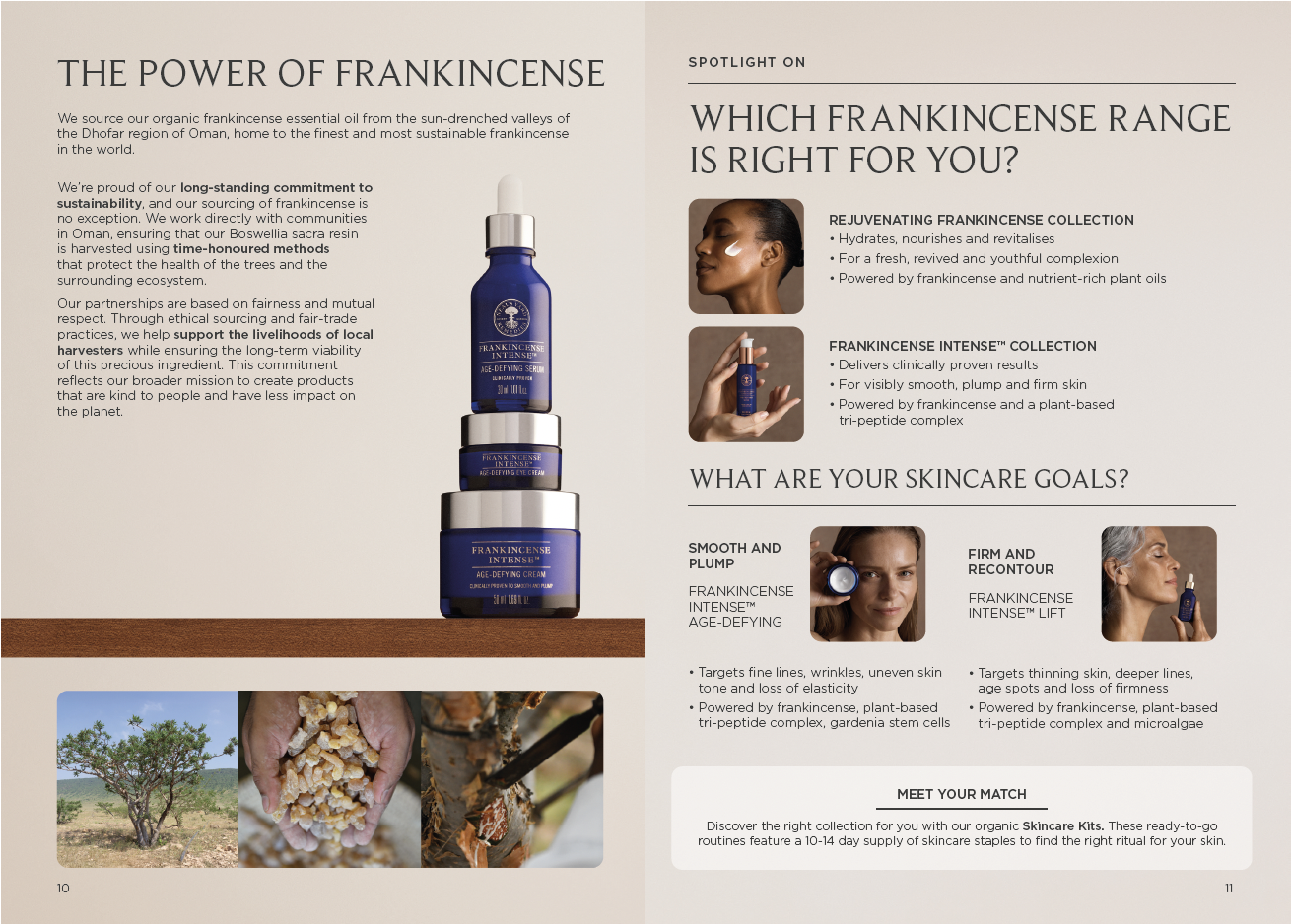 An open magazine featuring skincare products from the Frankincense line, including serum, cream, and other creams. The right side contains text about the benefits of frankincense for skincare, with images of a woman applying skincare, a woman holding a sample, and a woman with her eyes closed. There are also photos at the bottom showing a tree, frankincense resin, and a tree being tapped.
