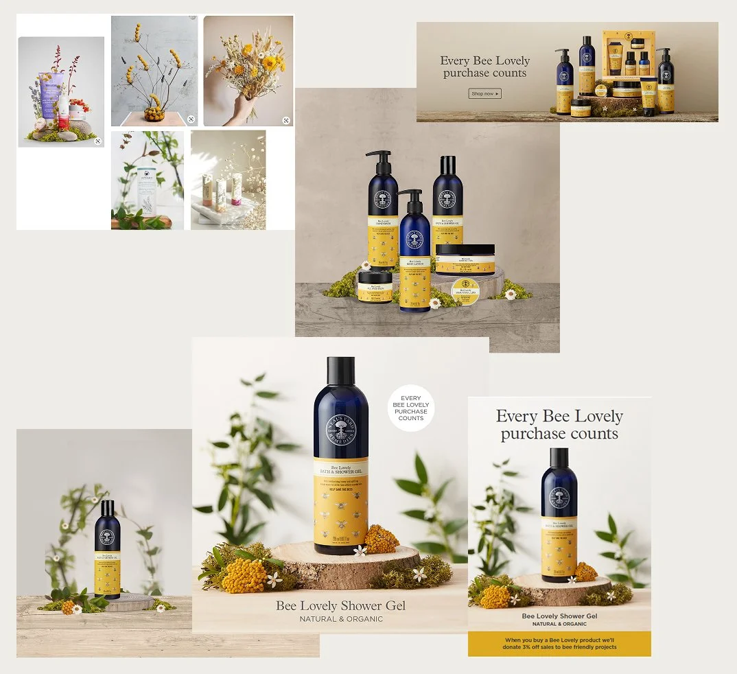 Several floral arrangements and plants, beauty products including shower gel, lotion, and creams, with text promoting the Bee Lovely Shower Gel and that every purchase counts towards bee-friendly projects.