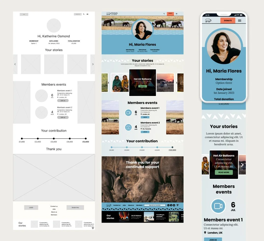 Mobile and desktop website mockups featuring a fundraising or membership platform with themes of wildlife and charity, showing user profiles, events, stories, and donation options.
