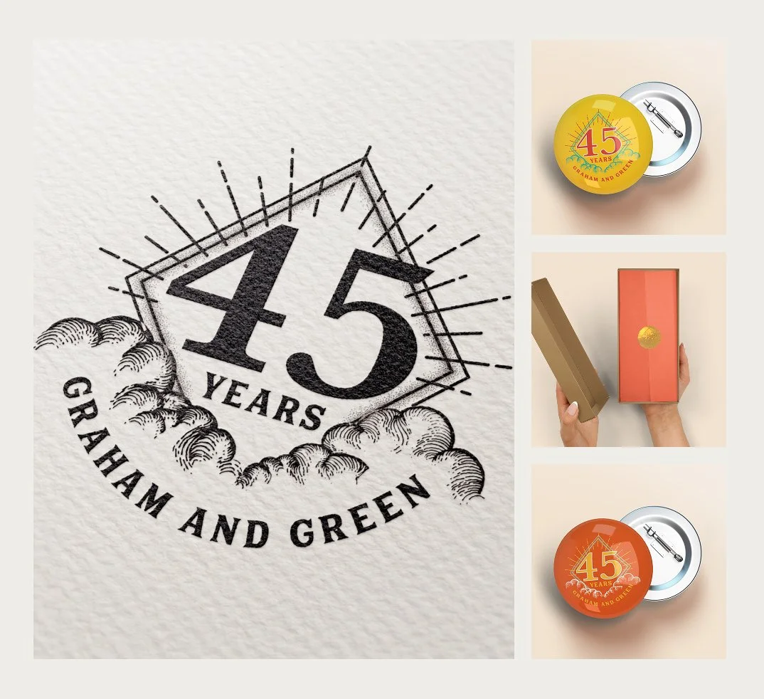 Celebrating 45 years of Graham and Green with promotional items including a round badge with the number 45 and a house illustration, and two boxes in gold and orange colors.