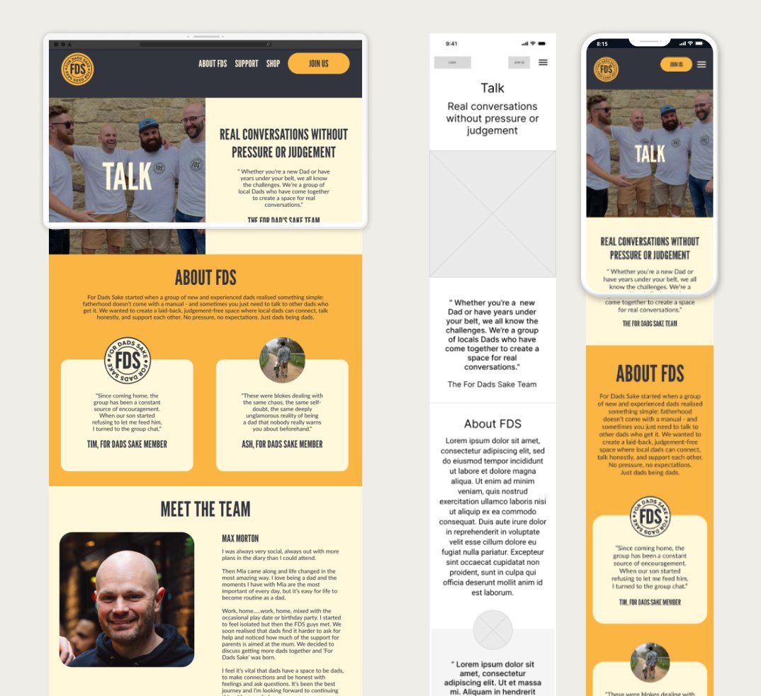 Screenshot of a website and mobile app for a support group called 'For Dads Sake,' featuring sections titled 'About FDS,' 'Meet the Team,' and 'Talk.' The page includes images of men and text about creating a space for real conversations among fathers.
