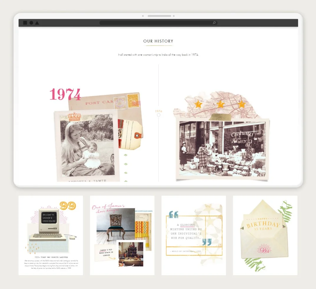 A collage of vintage photographs and memorabilia, including a black and white photo of a woman with a child in a garden from 1974, a store window with people shopping, a vintage computer, a chair, a quote, and a birthday greeting, all arranged on a white background.