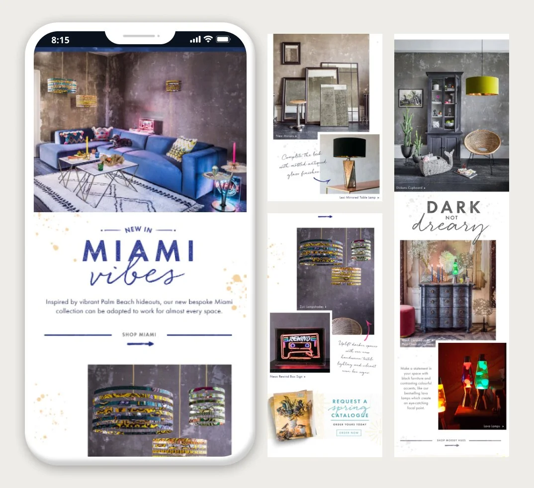 Image of a tablet screen displaying a home decor advertisement titled "New in Miami vibes," showcasing modern furniture and decor items, including colorful lamps, mirrors, and furniture. The ad emphasizes vibrant Miami-inspired style.