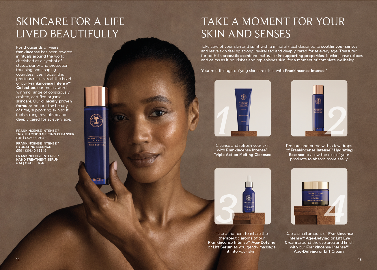 A woman with smooth skin holding a blue skincare product bottle with a rose gold cap, with text explaining skincare routine steps and product details on a brown background.