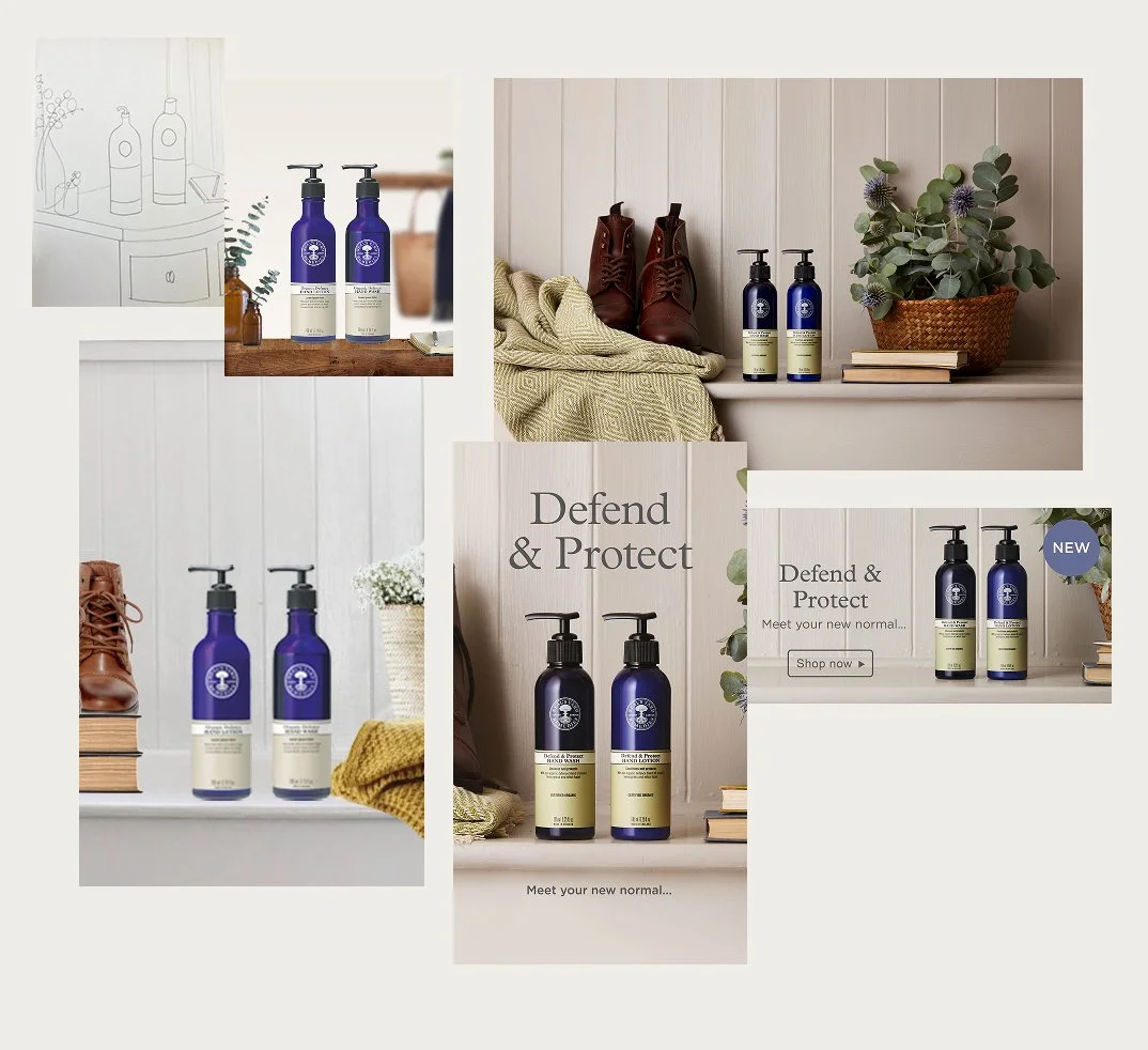 Collection of bottles, shoes, and plants on shelves with text 'Defend & Protect' and 'Meet your new normal.'