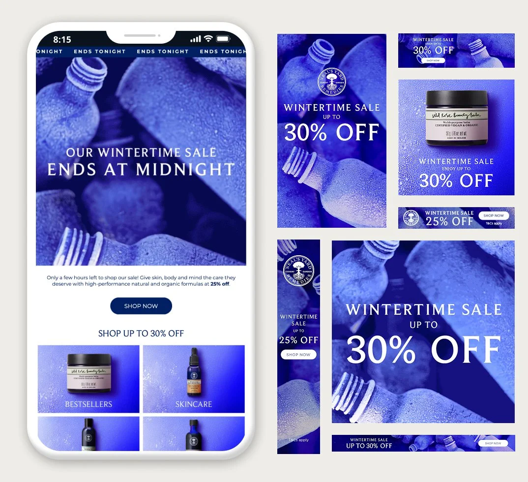A collection of digital advertisement graphics and a mobile phone screen promoting a wintertime sale with discounts of up to 30% on skincare products, featuring blue-toned bottles and product images.