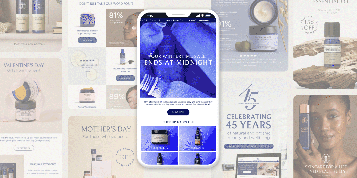 Mobile phone displaying a skincare sale pop-up with discounts up to 30%, overlaid on a background of skincare product ads, including creams, oils, and beauty products.