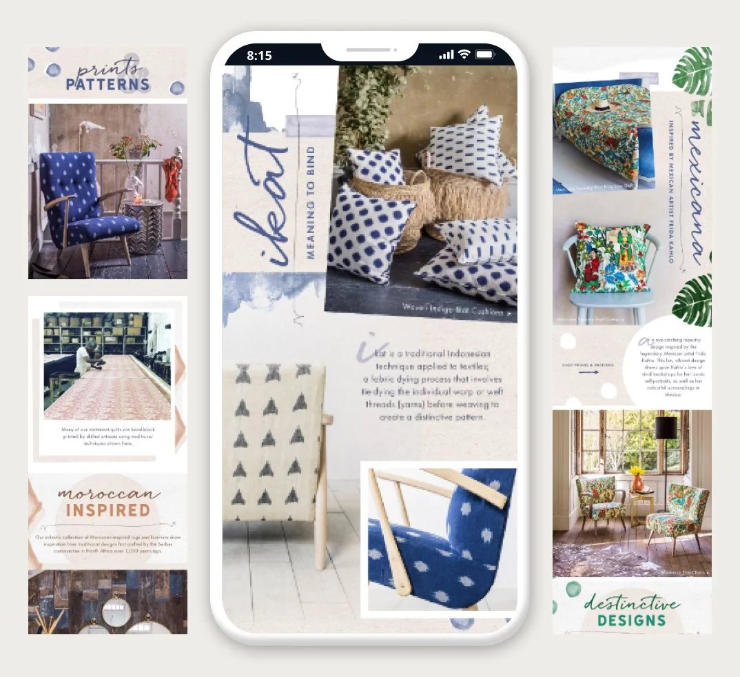 Collage of interior design and home decor images featuring patterned cushions, chairs, and textiles with text overlays about patterns, inspiration, and design.