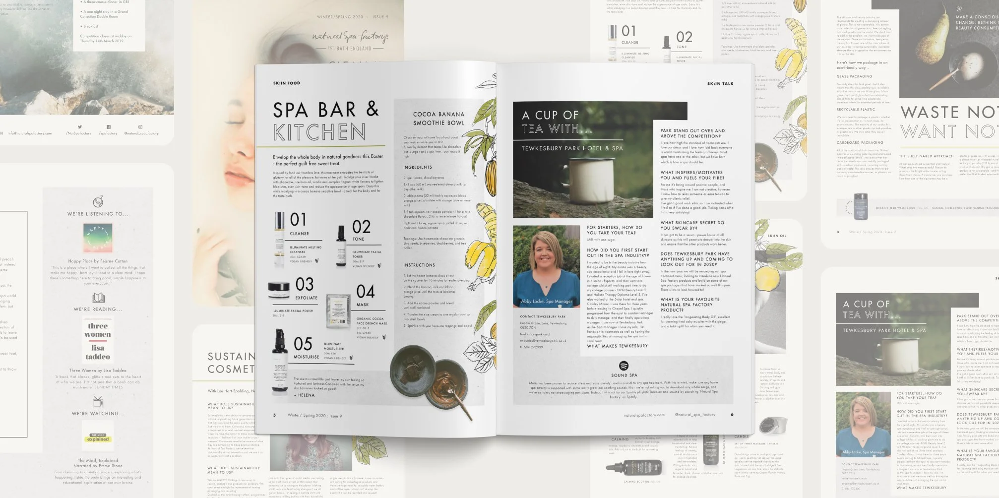 An open magazine spread featuring beauty and wellness articles, including a section on natural spa recipes with ingredients and instructions, and another section about a tea with a photo of a woman smiling. The spread incorporates illustrations of bananas and leaves, alongside product images and text.