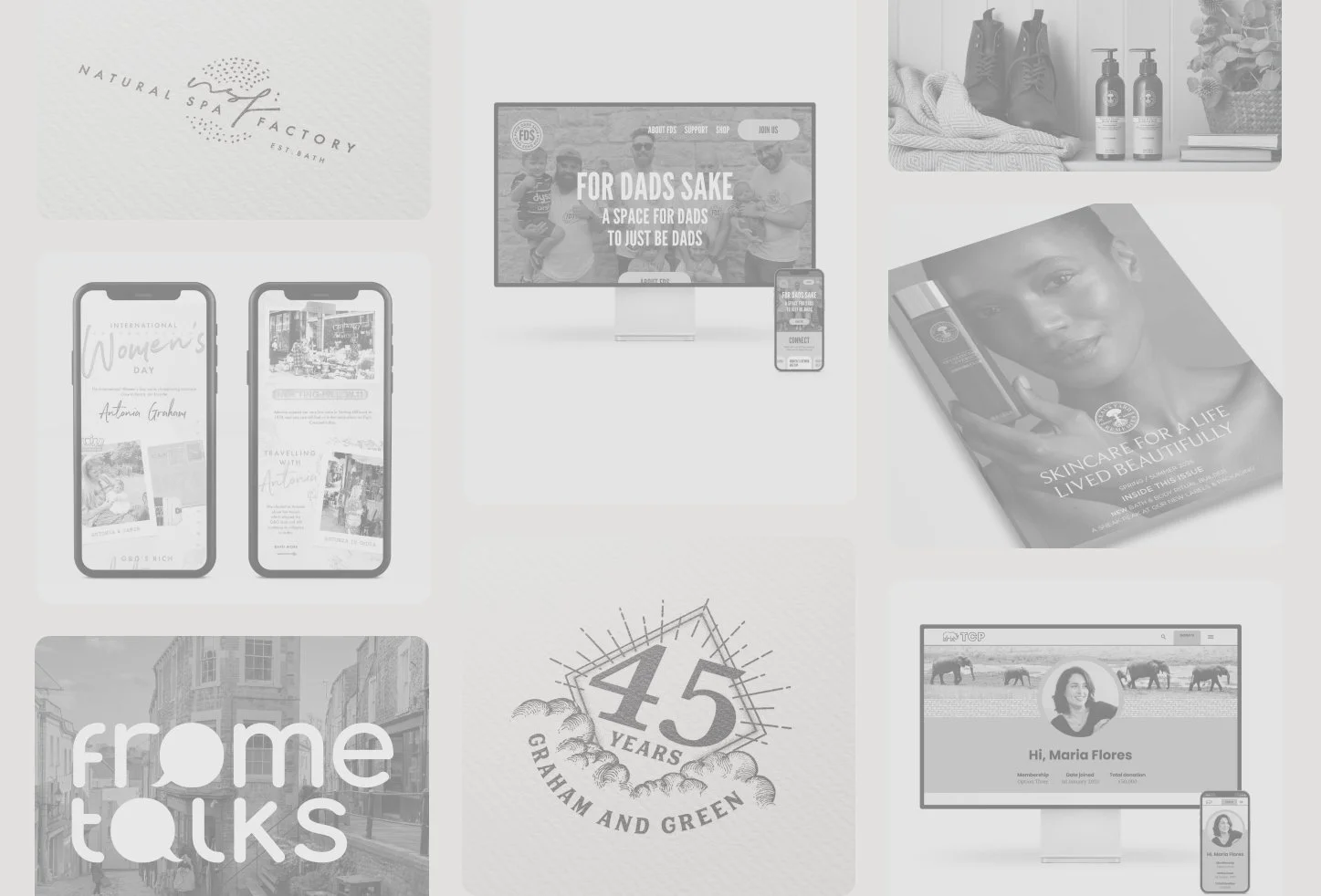 A collage of various grayscale digital screens, brochures, and printed materials showcasing different websites, mobile apps, print ads, and magazines related to lifestyle, health, travel, and community topics.