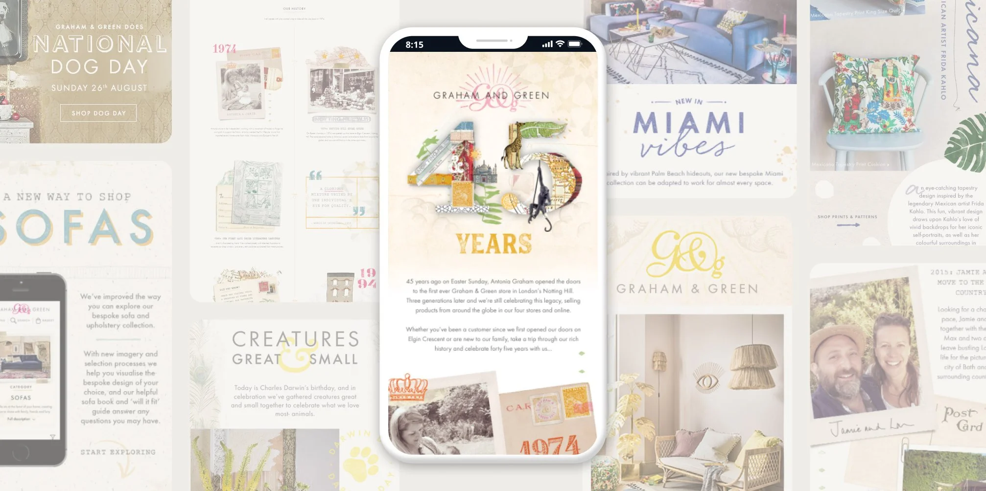 An iPhone showing a Graham & Green website celebrating 45 years, with a collage of interior decor, furniture, and design elements in the background.