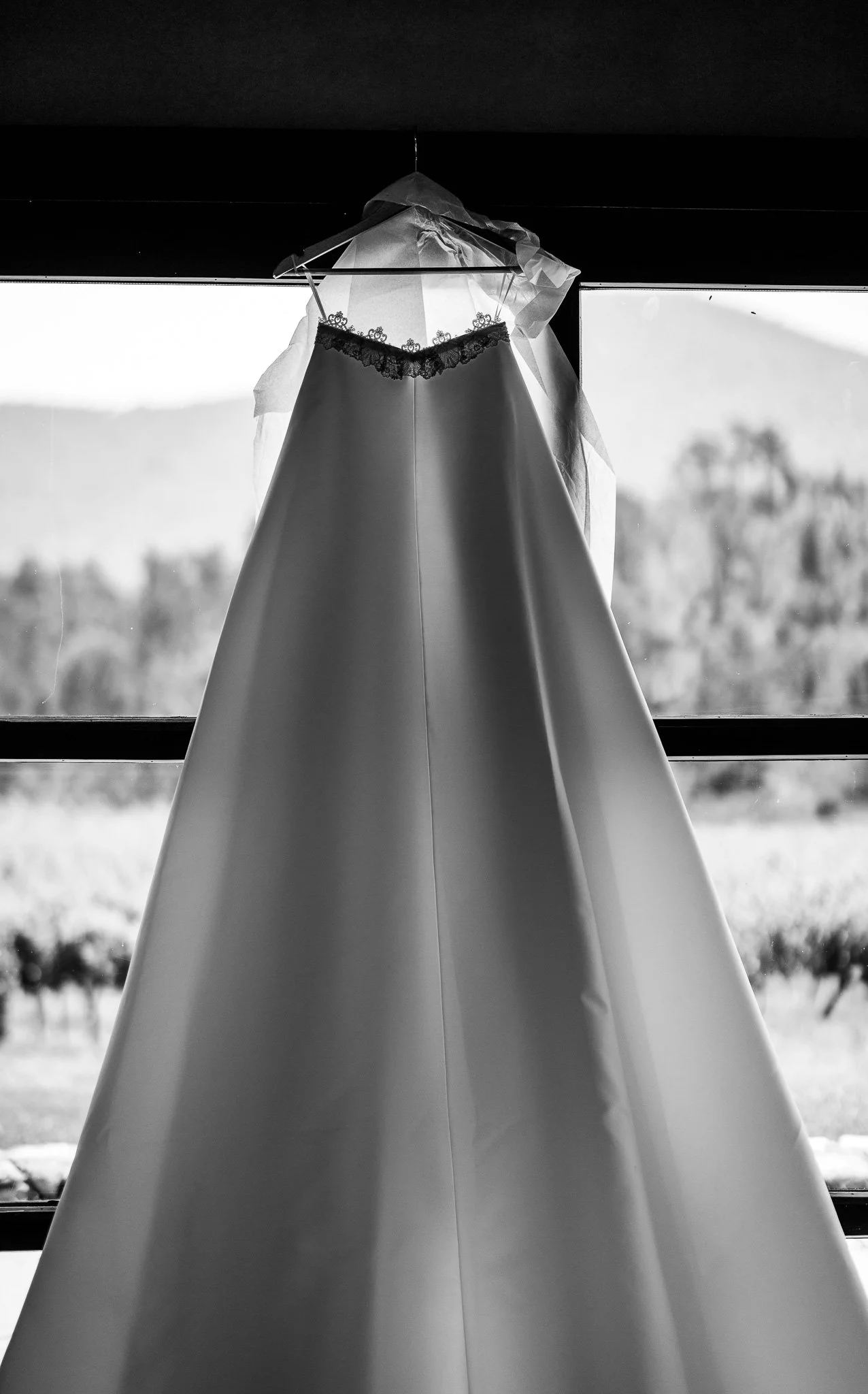 Robe de mariage suspendue à un cintre, vue en contre plongée, avec un paysage flou en arrière-plan.