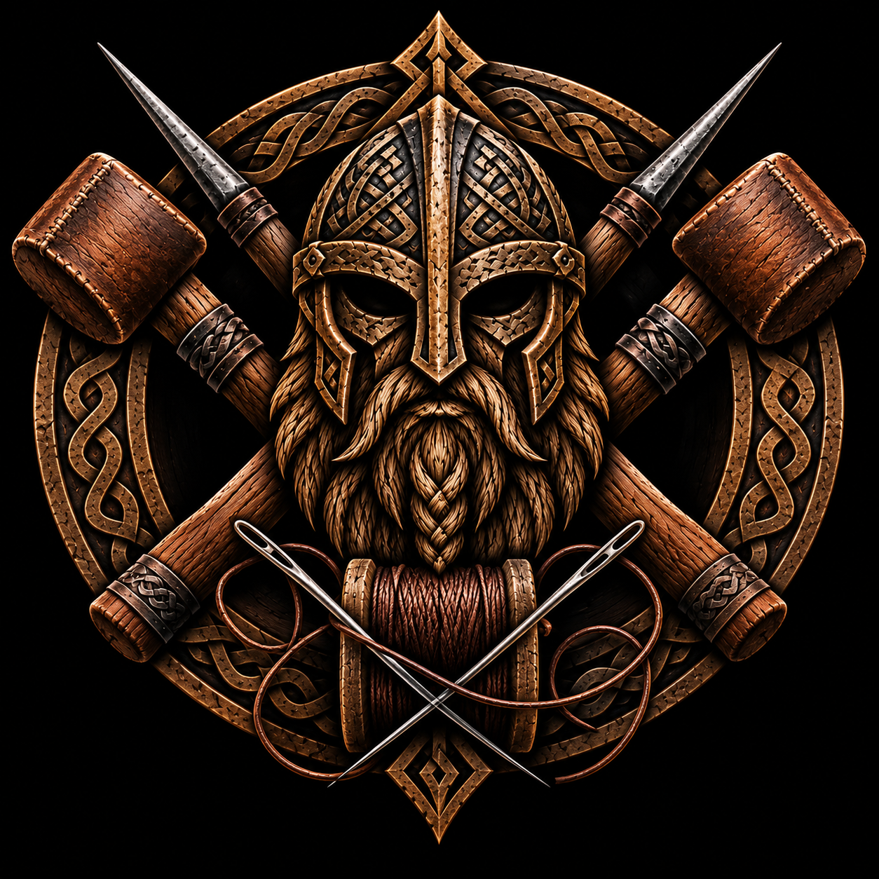 Viking helmet with metal nose guard, braids, a full beard, crossed axes, gray sewing needle, and a wooden spindle with thread, all set against a black background.