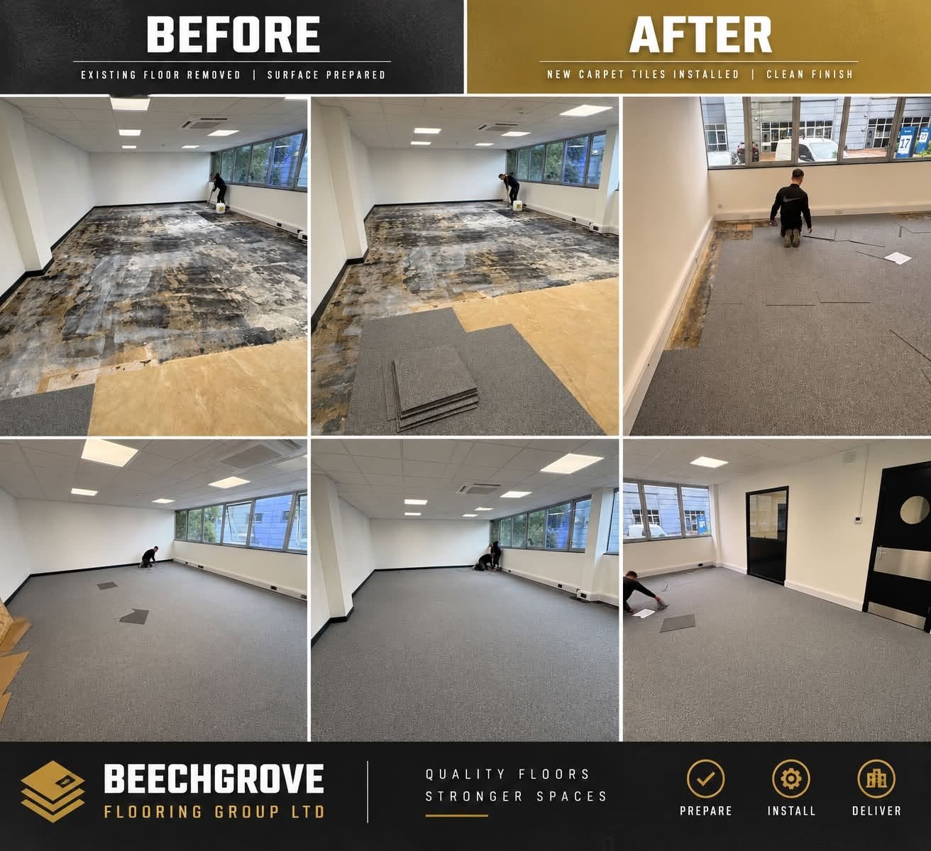 A collage showing the transformation of an office space from damaged flooring to newly installed carpet tiles. The top row depicts the old, stripped floor before removal, during removal, and after installation. The bottom row shows the completed office with new carpet tiles, ready for use.
