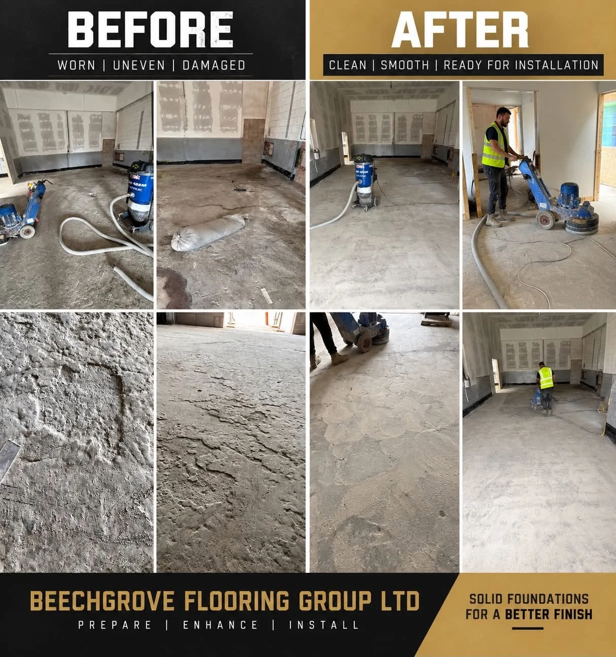 Comparison of a construction site before and after floor preparation: top row shows an unfinished, damaged, and uneven floor, and a smooth, clean floor surface after leveling; bottom row shows close-ups of rough, cracked concrete and a smooth, finished floor. The images include construction workers using flooring equipment. The banner indicates the work was done by Beechgrove Flooring Group LTD.