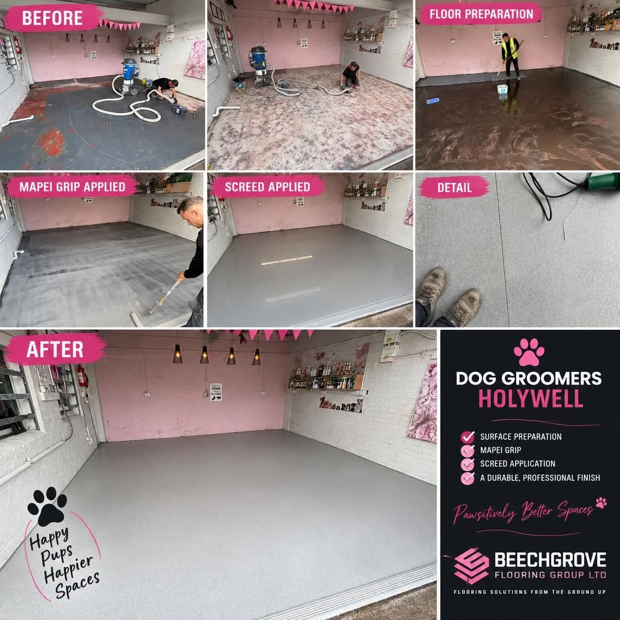 Sequence of photos showing the renovation of a dog grooming salon floor. The first row depicts the initial state with a worn, uneven surface, and the cleaning process. The second row shows the application of Mapei Grip and screed, resulting in a smooth gray surface. The final image presents a finished, clean, light gray floor with a sign that reads 'Happy Pups, Happier Spaces' and branding for Beechgrov Flooring Group Ltd, indicating a professional floor renovation.