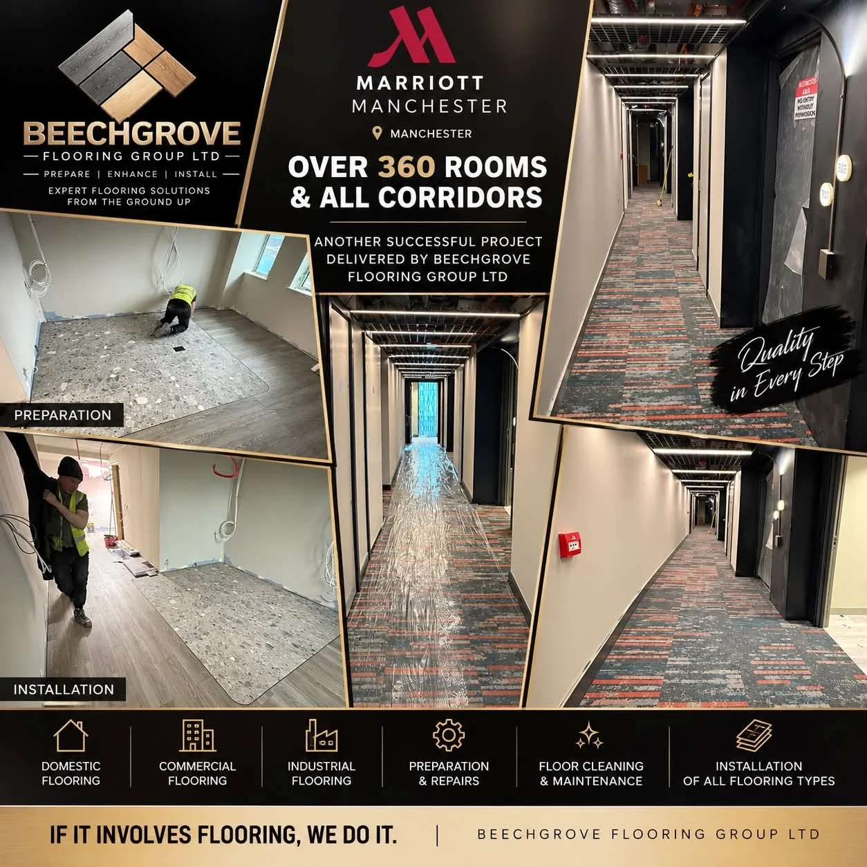 Promotional collage showcasing Beechgrove Flooring Group Ltd.'s flooring installation and renovation services, including photos of hallway flooring, room renovation, and workers preparing and installing flooring. The collage emphasizes over 360 rooms and all corridor flooring completed by the company with branding for Marriott Manchester hotel and Beechgrove.
