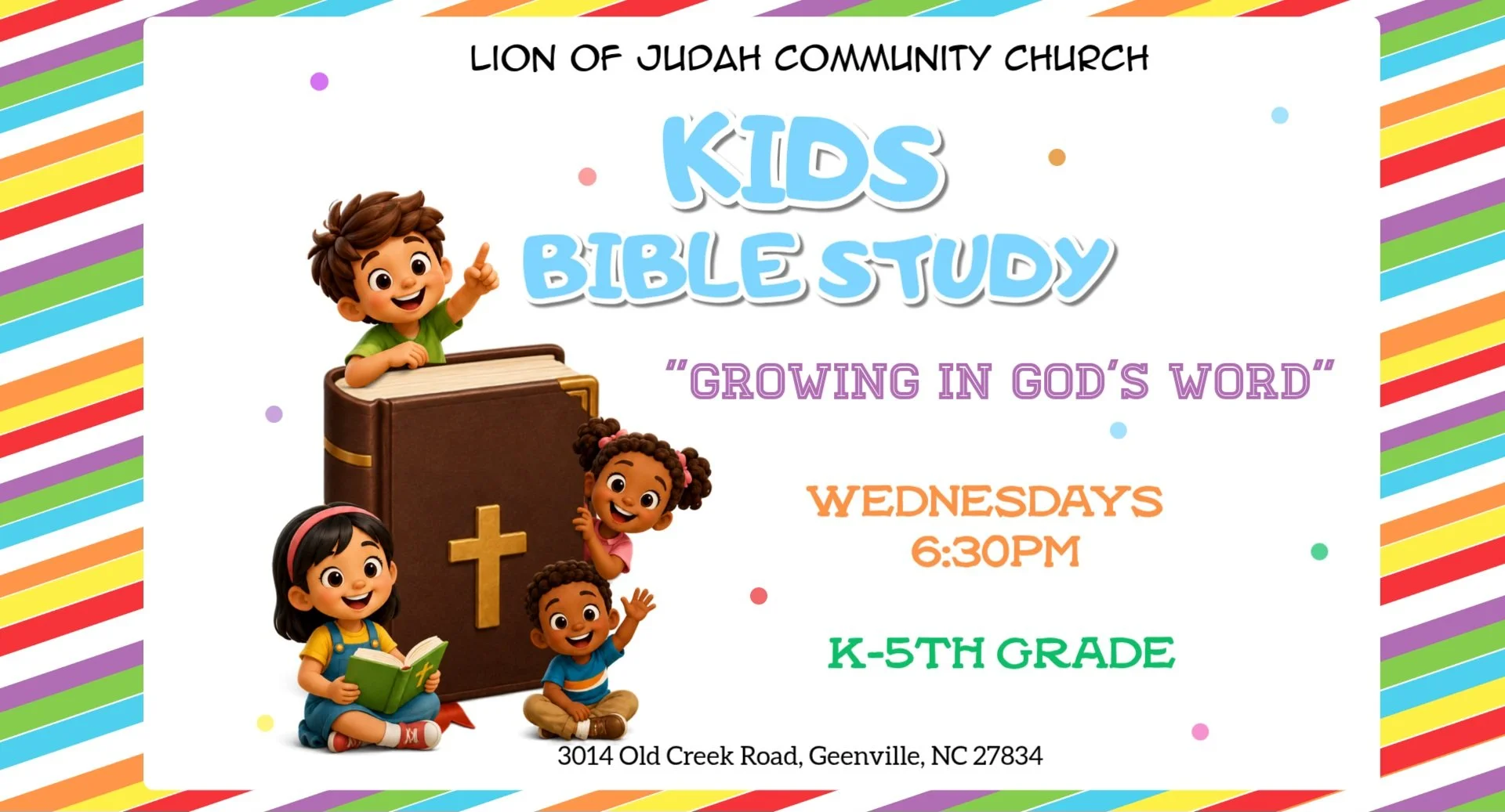 Colorful flyer for Kids Bible Study at Lion of Judah Community Church featuring animated children around a large Bible with a cross, with details about date, time, and location.