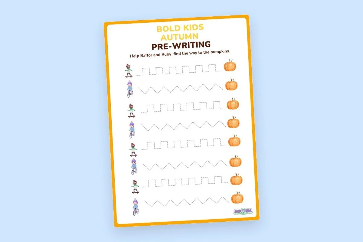 Kids biking and walking on a preschool activity sheet with pumpkin images for a Halloween-themed pre-writing activity.
