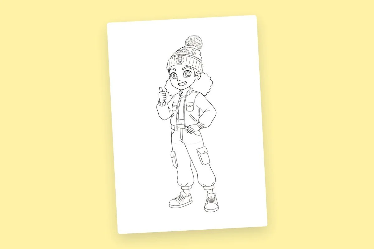 Black and white line drawing of a cheerful girl wearing a beanie hat, jacket, cargo pants, and sneakers, giving a thumbs-up.