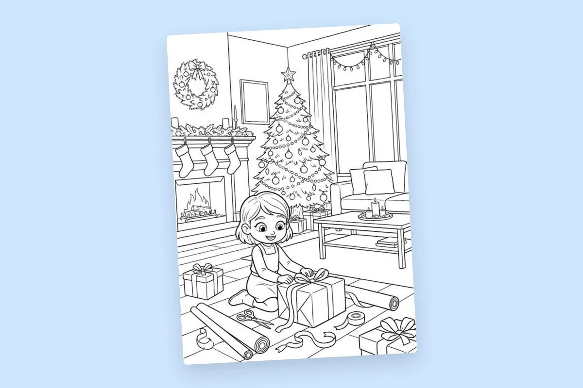 Child wrapping a Christmas gift in a decorated living room with a Christmas tree, fireplace, stockings, and holiday decorations.