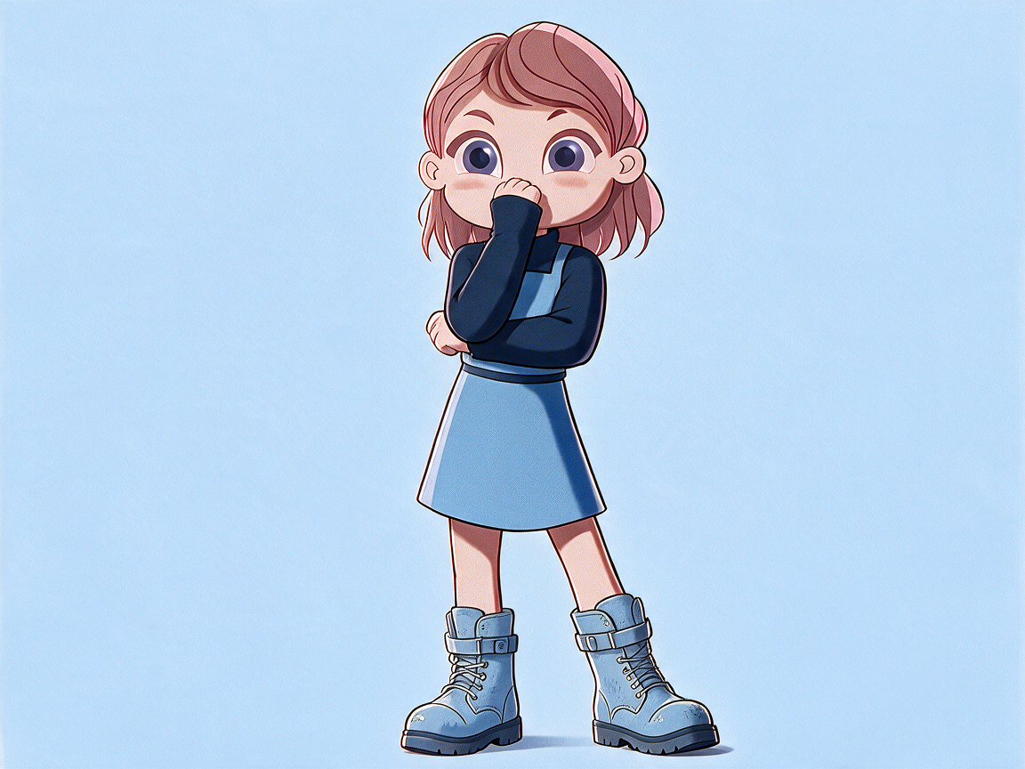 Cartoon girl with pink hair, wearing a dark jacket, blue skirt, and large boots, standing with one hand over her mouth against a light blue background.