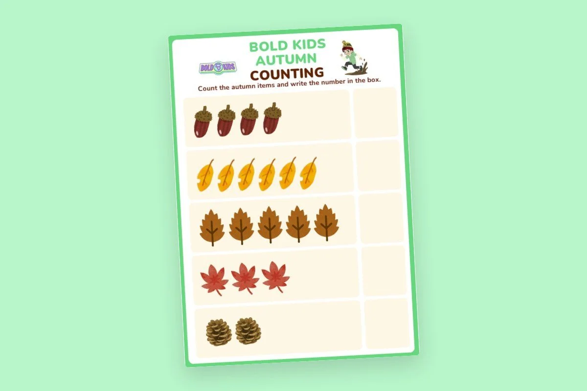 Autumn-themed counting worksheet with illustrations of acorns, yellow leaves, brown leaves, red maple leaves, and pinecones.