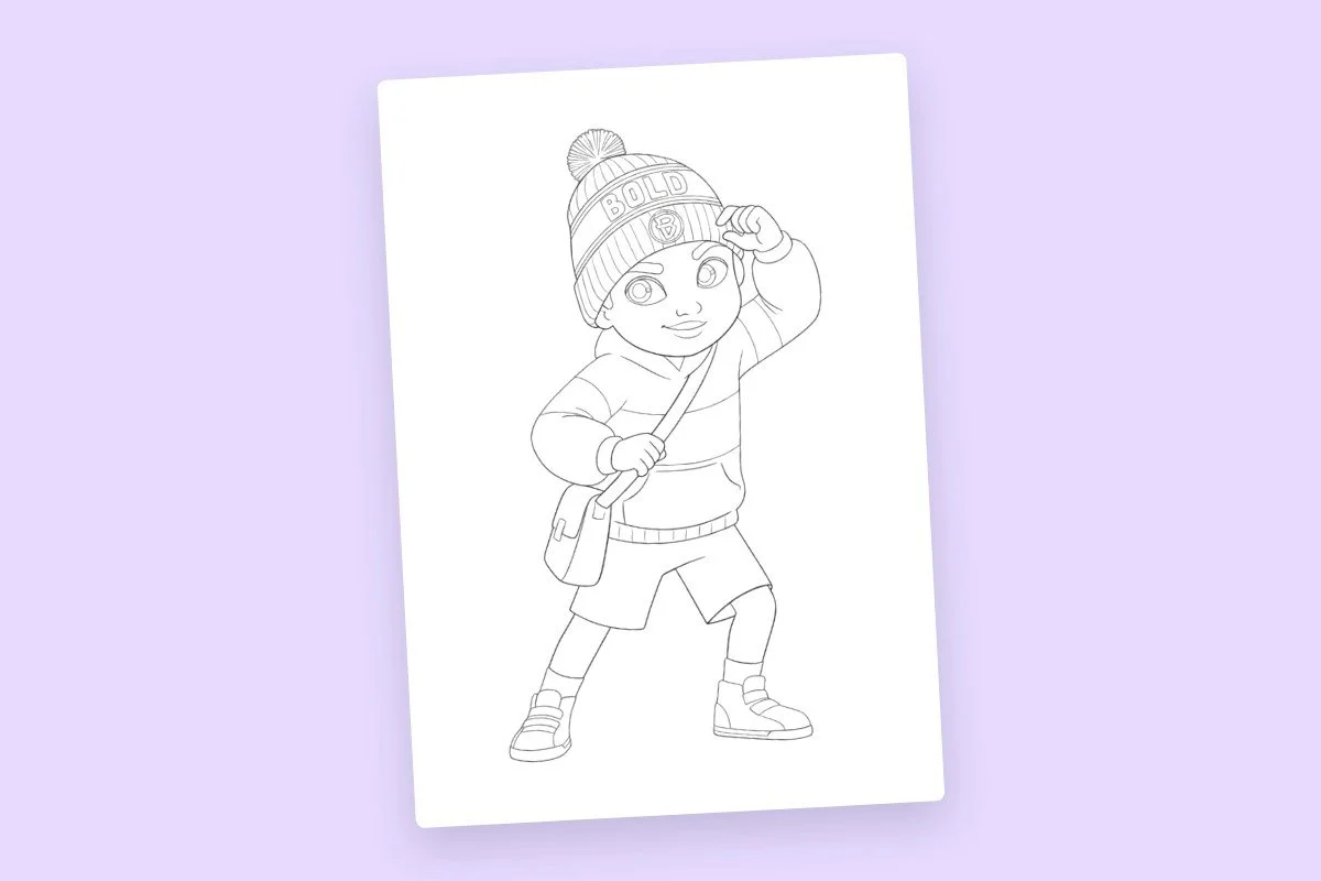 Line drawing of a young boy wearing a winter hat, hoodie, shorts, and sneakers, holding a stick over his shoulder with a small bag slung across his body.
