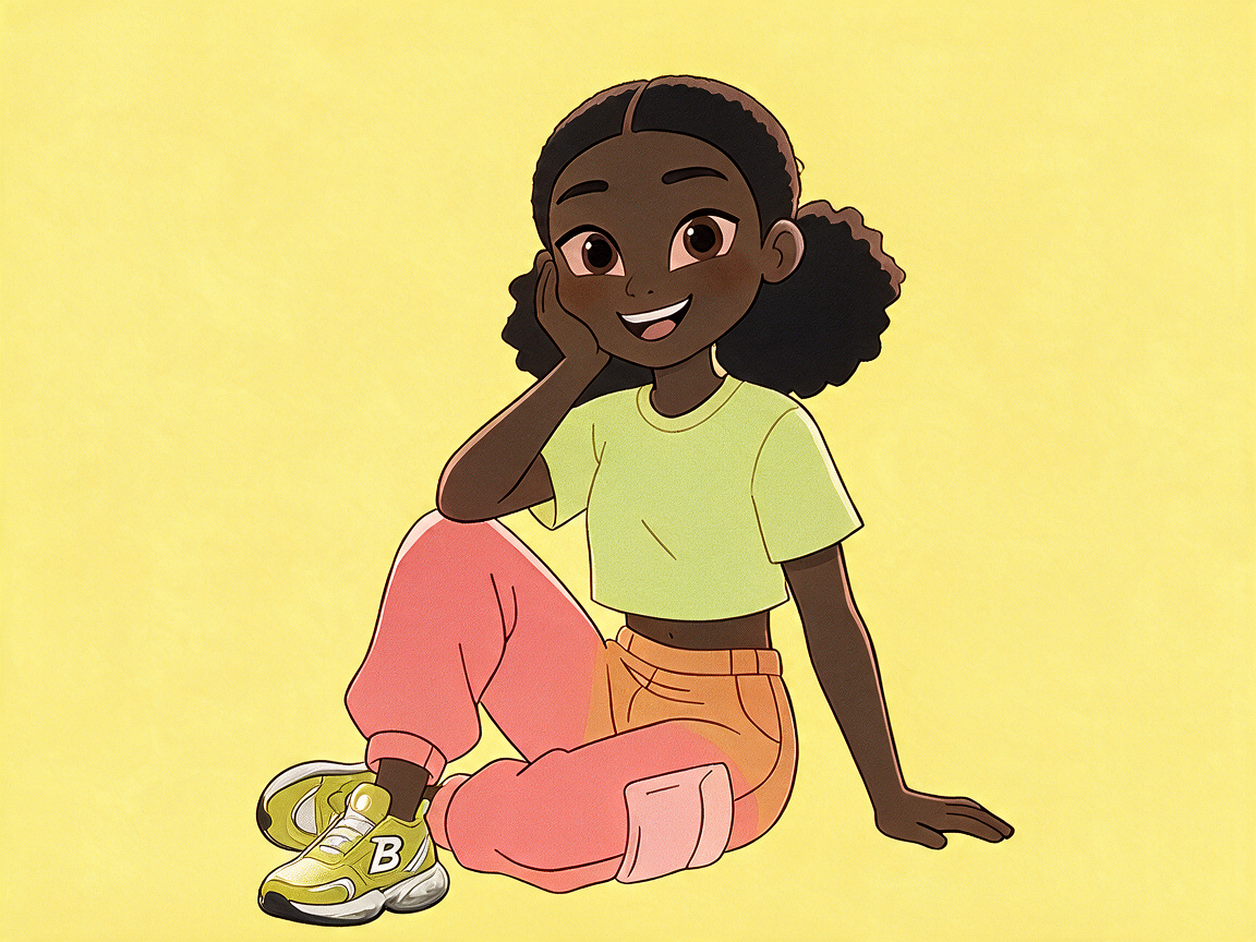 An animated girl with dark skin, curly hair tied back, sitting against a yellow background, smiling, wearing a light green crop top, orange pants, and yellow sneakers.
