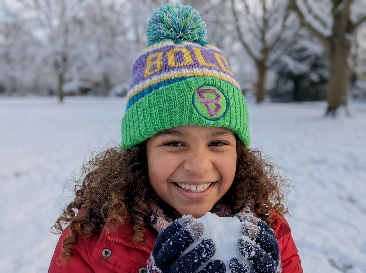 Young girl playing in the snow wearing bold kidswear beanie smiling