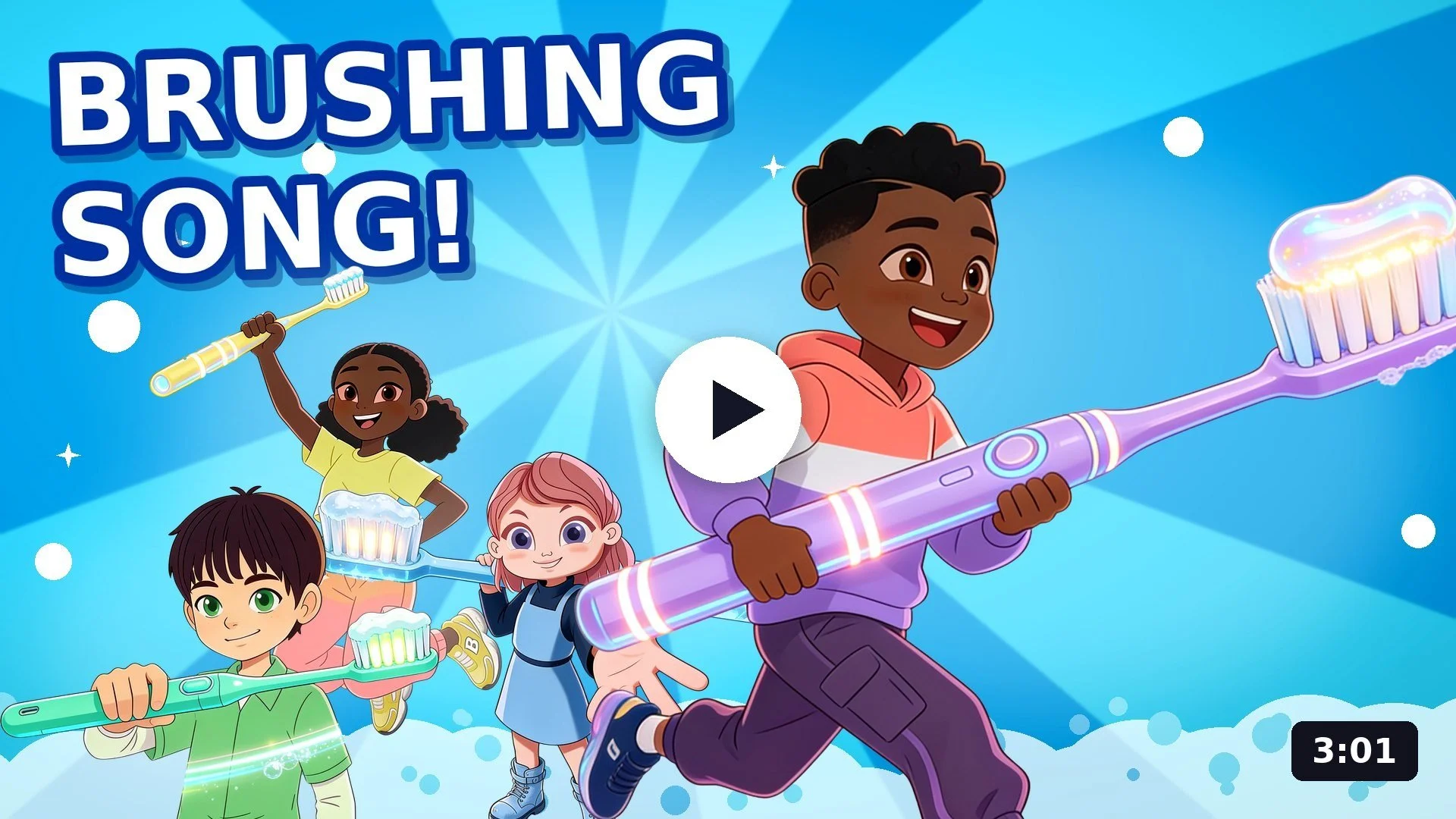 Animated children holding colorful toothbrushes, with some children using toothbrushes with foam or toothpaste, and the text "Brushing Song!" in the top left corner, suggesting a video about brushing teeth.