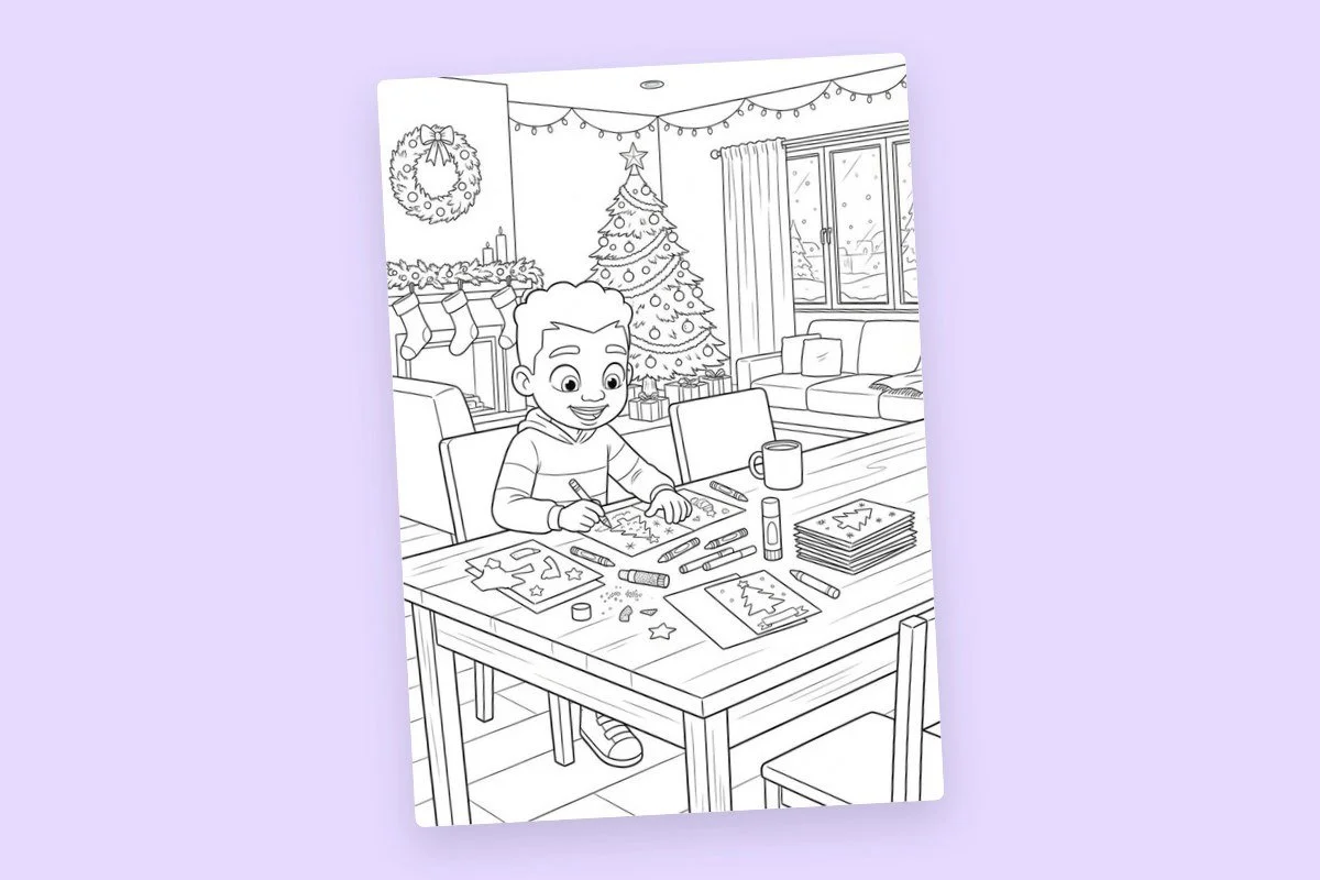 A child decorating Christmas cards at a table with markers and glue, in a festive living room with a Christmas tree, stockings, and seasonal decorations.