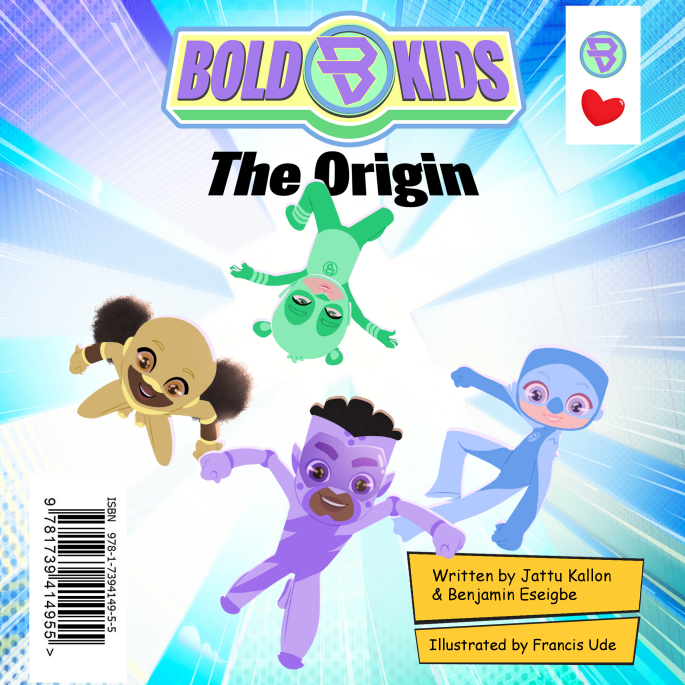 Book cover titled "Bold Minds: The Origin" featuring four animated children characters floating and flying through a bright, abstract background. Written by Jattu Kallon and Benjamin Esei ge, illustrated by Francis Ude.