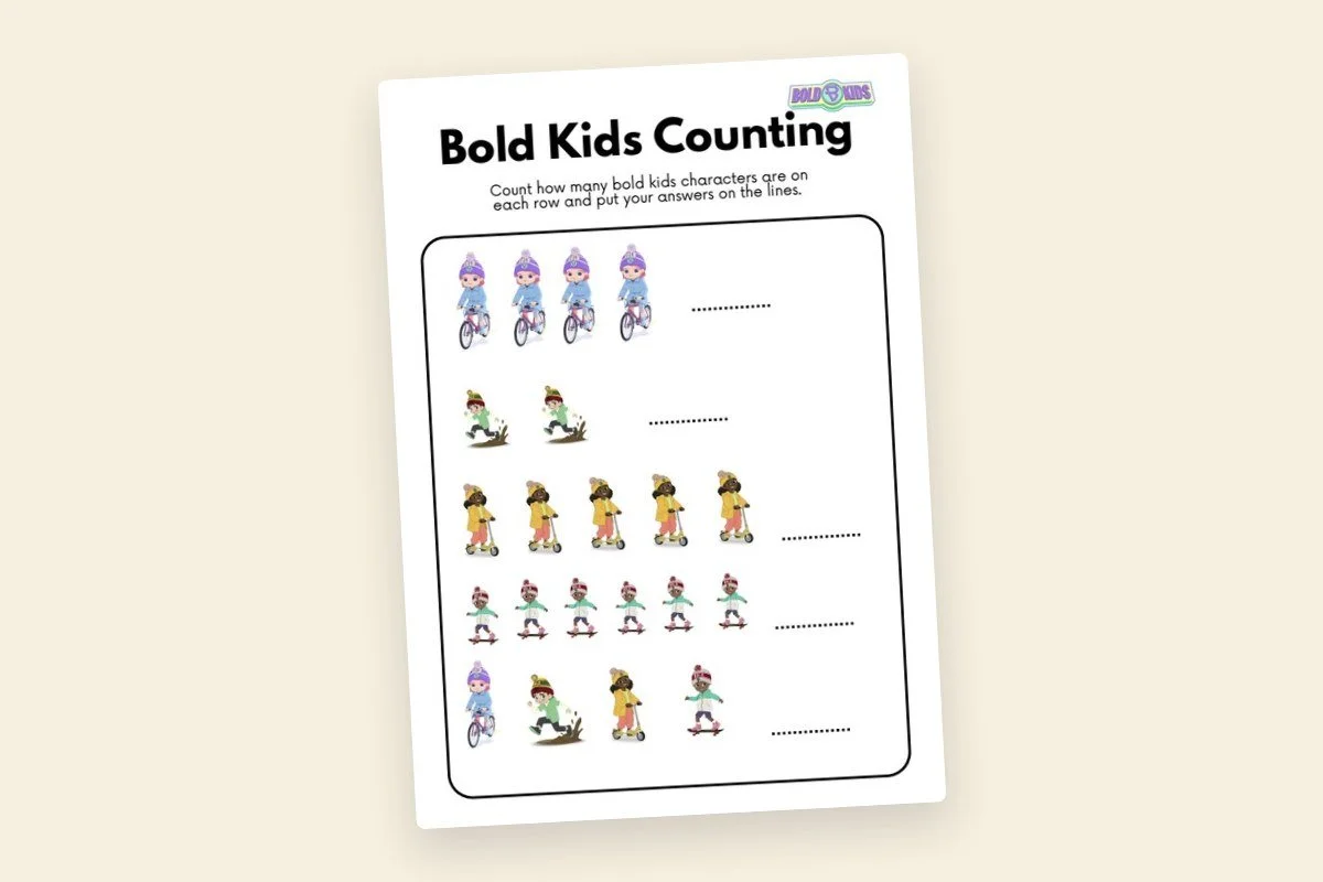 A worksheet titled "Bold Kids Counting" with images of children in different activities. The first row has four children riding bikes, the second row has two children sledding, the third row has five children skating, the fourth row has six children skateboarding, and the fifth row repeats the bike riding scene with four children. Each row has a dotted line for counting or completing.