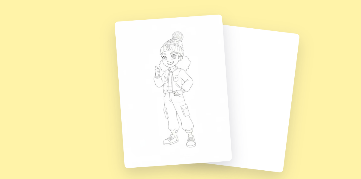 Line drawing of a girl wearing a winter hat, jacket, pants, and sneakers, giving a thumbs-up.