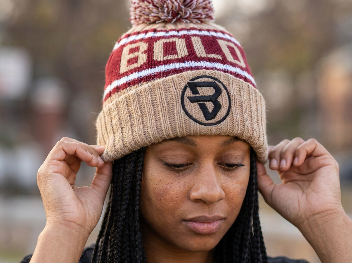 Adult wearing the bold kidswear beanie outdoor posing