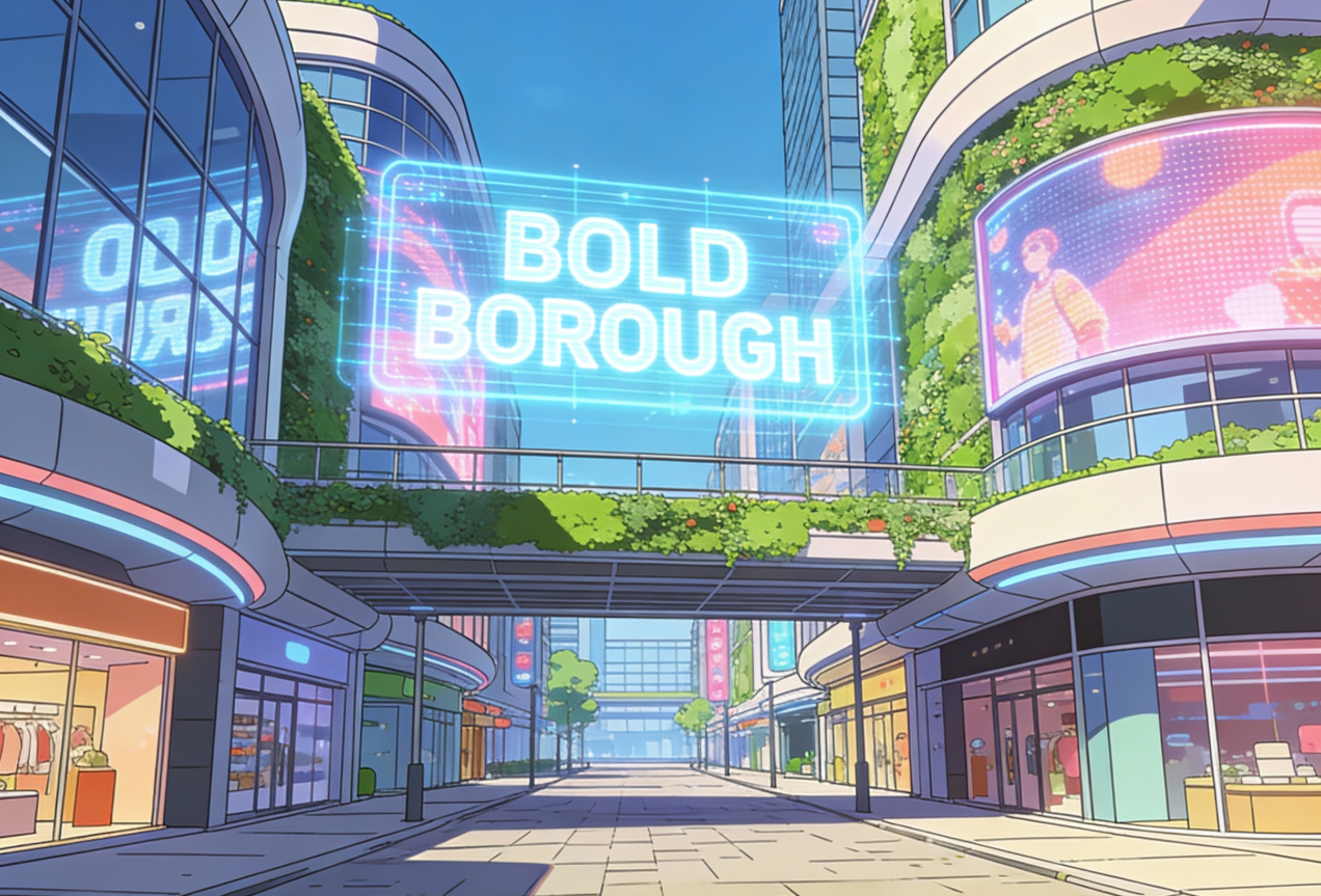 Bold Borough where the bold kids club live is a futuristic city street with tall glass buildings, digital billboards, and greenery, featuring a glowing sign that says 'BOLD BOROUGH'.